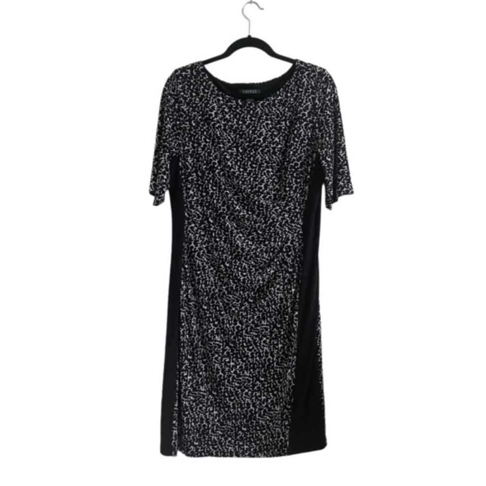 Ralph Lauren Dress Short Sleeves Black & White Abstract Ruched Lined Size 1X